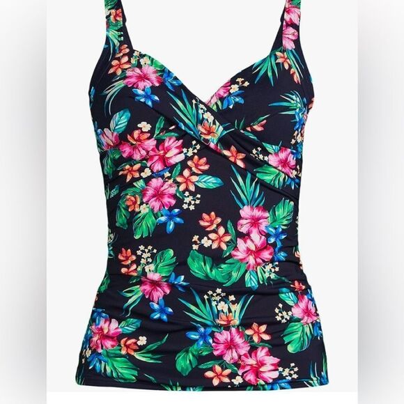 Land's End Plus Standard Tankini Top V neck wrap underwire Navy Rosella floral - Picture 1 of 4